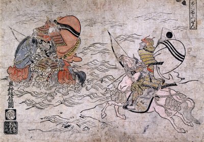 一の谷の戦いでの、敵対する2人の侍の戦い。奥村政信による紙本著色、1720年頃。 作： Okumura Masanobu