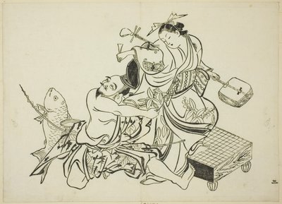 花魁とイチャイチャする恵比寿、いいえ。 12枚のシリーズから3枚 作： Okumura Masanobu