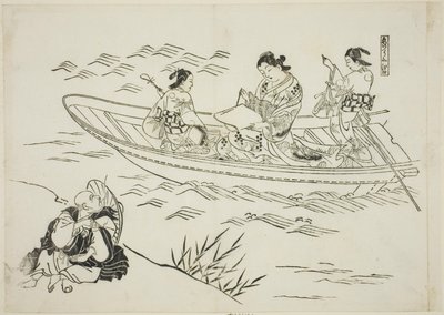 江口と恋の釣舟」、No.4（戯曲のパロディを描いた12枚の版画シリーズより 作： Okumura Masanobu