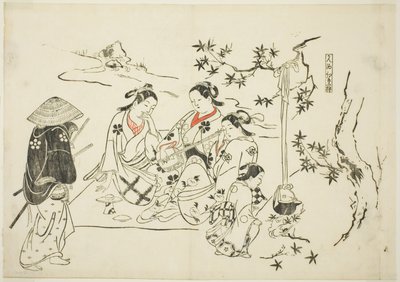 戯曲のパロディを描いた12枚の版画シリーズから、「燗酒紅葉狩」第9号。 作： Okumura Masanobu