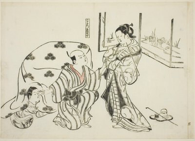 こたつ道成寺 No. 戯曲のパロディを描いた12枚の版画シリーズから5枚 作： Okumura Masanobu
