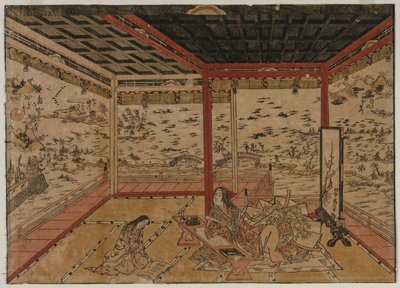1740年代、琵琶湖の7つの景色を望むパノラマを一望する石山の紫婦人。 作： Okumura Masanobu
