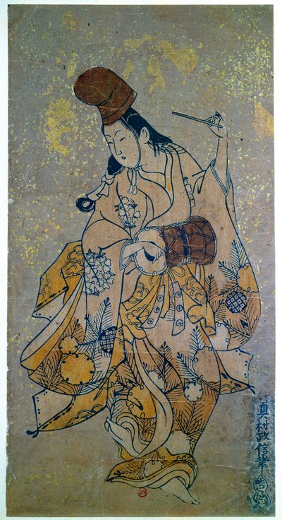ミュージシャン。鼓を打つ女性。奥村政信(1686-1764)による日本の版画 作： Okumura Masanobu