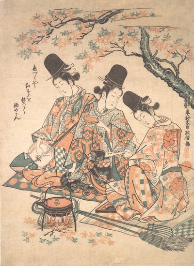 もみじの火で酒を熱する宮廷使用人のパロディ 1750年頃。 1750年。 作： Okumura Masanobu