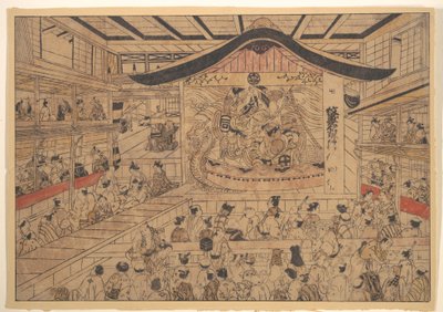 歌舞伎劇場の浮絵 - 『紋尽し名古屋曽我』の上演、曽我兄弟と名古屋三左の紋様 作： 奥村正信