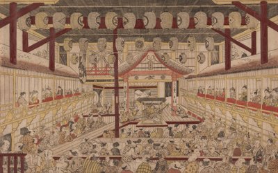 1740年市川海老蔵IIを矢野剛郎として中村劇場内観 作： Okumura Masanobu