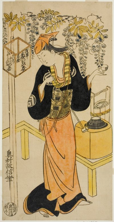 1719年4月、中村座で上演された芝居『曽我崎心中』で、初代佐野川萬菊がお初を演じた。 作： Okumura Masanobu