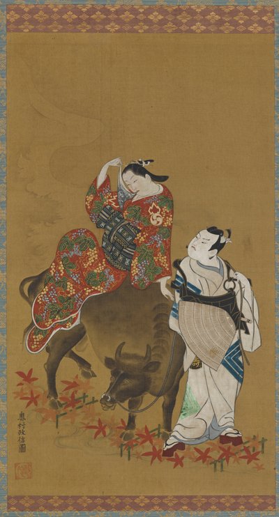 水牛に乗った花魁と旅の僧侶の役を演じる 2 人の歌舞伎役者、1686 年～1764 年。 作： Okumura Masanobu