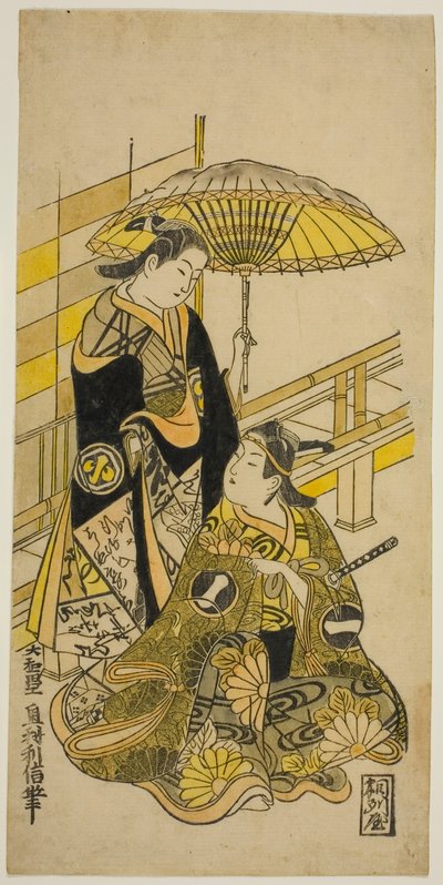 The Actors Ichikawa Monnosuke I as Kusunoki Masatsura and Arashi Wakano as Oyuki in the play "Honen Taiheiki," performed at the Nakamura Theater in the eleventh month, 1723 作： Okumura Toshinobu