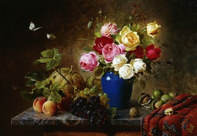 花瓶のバラ、桃、ナッツ、霜降りの棚にあるメロン、1891年 作： Olaf August Hermansen