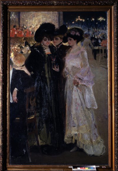 パリ（フランス）のカフェ。 （パリのカフェ）。 夜のシーン、3 人の女性が、遠くのテーブルで群衆の真ん中で話し合っています。オーケストラと街の街灯が見えます。 Alexander Alexandrovich Murashko（Alexander Murashko）（1875-1919）による絵画、キャンバスに油彩 作： Oleksandr Murashko