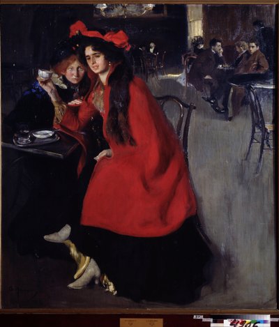カフェで（カフェで）。 おそらくパリのカフェでのシーン。 Alexander Alexandrovich Murashko（Alexander Murashko）（1875-1919）による絵画、キャンバスに油彩 作： Oleksandr Murashko