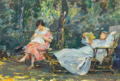 Ler e tricotar no jardim (óleo sobre painel) 作： Olga (1881 1941) Slomszynska