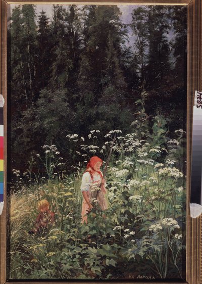 草むらの前の女の子 (Girl at a Tuft of Grass)。 Olga Antonovna Lagoda Shishkina（1850-1881）による絵画、キャンバスに油彩 作： Olga Antonova Lagoda Shishkina