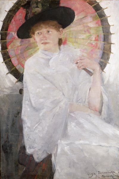 キャンバスに日本のパラソルオイルを持つ女性の肖像画 作： Olga Boznanska