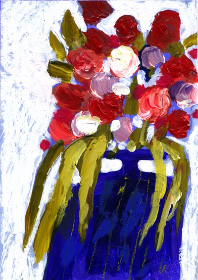 色とりどりの花と青い花瓶 作： 