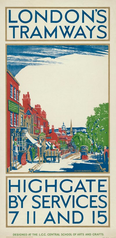 「Highgate by Services 7、11、15」、ロンドン カウンティ カウンシル LCC トラムウェイのポスター、1924 年 作： Oliver Burridge