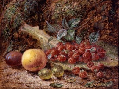 キャベツの葉に果物を乗せた静物画 作： Oliver Clare