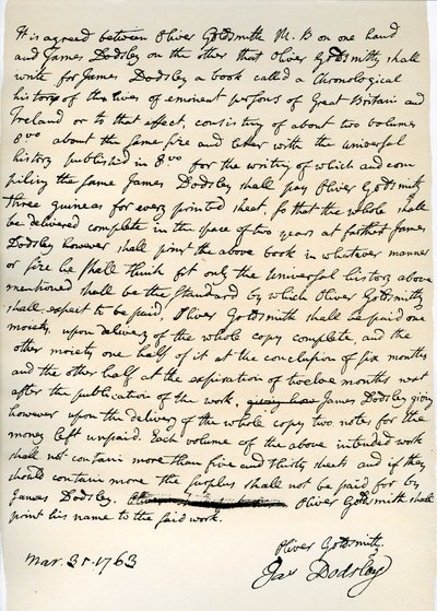 1763年3月31日、ジェームズドズレーに宛てたオリバーゴールドスミスによる合意。 作： Oliver Goldsmith
