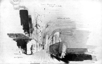 1915年5月7日、1926年、ドイツの潜水艦U-20の魚雷がRMSルシタニアを攻撃した瞬間 作： オリバー・パーシー・バーナード