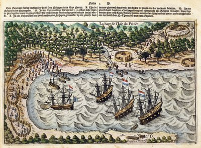 港のオランダ船の眺め、c.1598-1602 作： Olivier van Noort