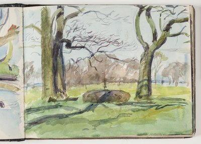 2本の大きな木; 背景の木立と海で 作： Oluf Hartmann