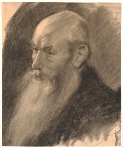 長いあごひげを生やした老人の肖像画。 左の 3/4 プロファイル 作： Oluf Hartmann