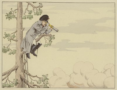1809年5月22日、ロバウ島の樹木のてっぺんからアスペルンエスリングの戦いを見るナポレオン 作： Onfray de Breville Job