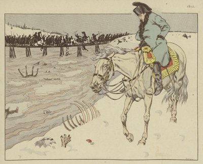 ナポレオンは、1812年のモスクワからの撤退で彼のグランドアルミーの残骸がベレジナ川を横切るのを見ている 作： Onfray de Breville Job
