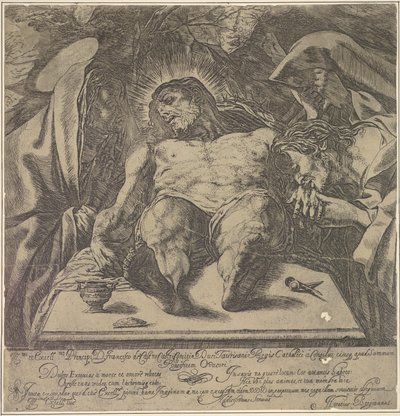 3人のメアリーによるキリストの死体の嘆き、テーブル上の軟膏の瓶...、1615年。 作： Orazio Borgianni