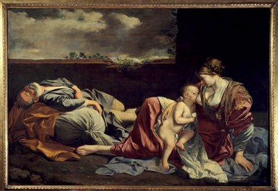 エジプトへの飛行中の聖家族の休息 オラツィオ・ジェンティレスキ（1562-1647）の絵画 17世紀 日1.57 x 2.25 m. Paris.ルーヴル美術館 作： Orazio Gentileschi