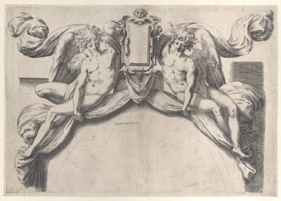 カルトゥーシュまたは盾を支える 2 人の天使、1568-77 年、1568-77 年。 作： Orazio de Sanctis