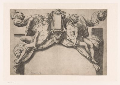 カルトゥーシュを持ち上げる 2 つの精霊のドア枠のデザイン 作： Orazio de Santis (attributed to)