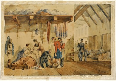 [Barrack]病院Scutari、高地連隊の看護師と兵士とのシーン、1854-56 作： Orlando Norie