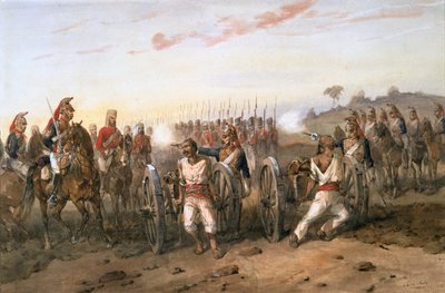 ベンガル馬砲兵隊によって銃から吹き飛ばされようとしている反逆者、1858年頃（紙に水彩） 作： Orlando Norie