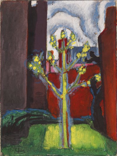 赤い中庭の若い木、1919 年。 作： Oscar Bluemner