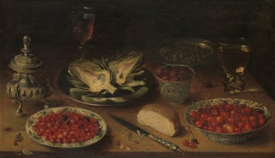 アーティチョークのある静物、クラーク磁器の果物、塩入れ/ペッパーキャスター 作： Osias Beert (I)