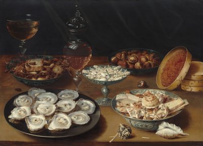 カキ、フルーツ、ワインを使った料理 c. 16201625。 作： Osias Beert the Elder
