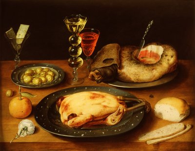 ピューター プレートでロースト チキン、ハム、オリーブ (パネルに油彩) 作： Osias the Elder Beert