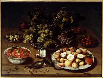 果物の静物画に猿と蝶が描かれています。オシアス・アイ・ベアート（1570-1624）の絵 Ec.Flam. 作： Osias the Elder Beert