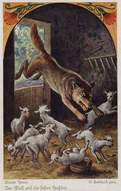 グリム兄弟による狼と七人の子供たちのシーン 作： Oskar Herrfurth