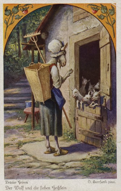 グリム兄弟による狼と七人の子供たちのシーン 作： Oskar Herrfurth