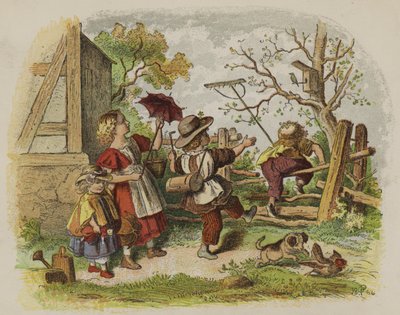 屋外で遊ぶ子供たちのグループ（カラーリトグラフ 作： Oskar Pletsch