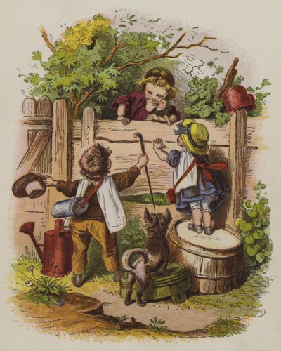 庭のフェンス越しに談笑する3人の子供たち（カラーリトグラフ 作： Oskar Pletsch