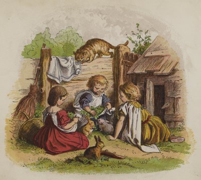 猫に見守られながらペットのウサギと遊ぶ3人の女の子（カラーリトグラフ 作： Oskar Pletsch