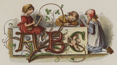 字を書く練習をする3人の女の子（カラーリトグラフ 作： Oskar Pletsch