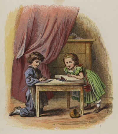 本を読む2人の子供（カラーリトグラフ 作： Oskar Pletsch