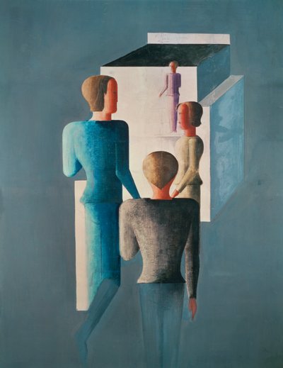 4人の人物と立方体（キャンバスに描かれた絵画） 作： Oskar Schlemmer