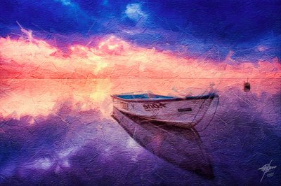 穏やかな夕日の水面に映るボート 作： 