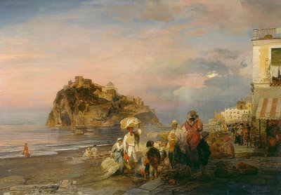 イスキアのイブニングビーチ。 1879 作： Oswald Achenbach